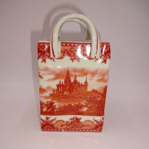 Vintage Brown White Porcelain Bag Basket Castle Flowers Handles 5-1/2" Marked